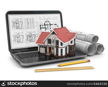 Laptop, house and blueprint with project. 3d