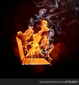 Laptop in fire flames. Illustration of burning laptop in fire flames