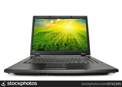 laptop isolated on a white. I am the author photos shown on the screen of a laptop.