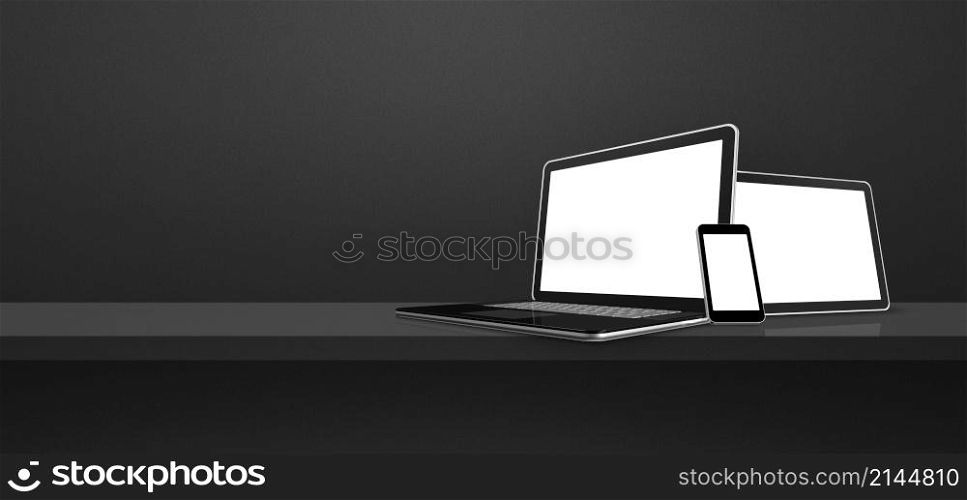 Laptop, mobile phone and digital tablet pc on black wall shelf. Banner background. 3D Illustration. Laptop, mobile phone and digital tablet pc on black wall shelf. Banner background