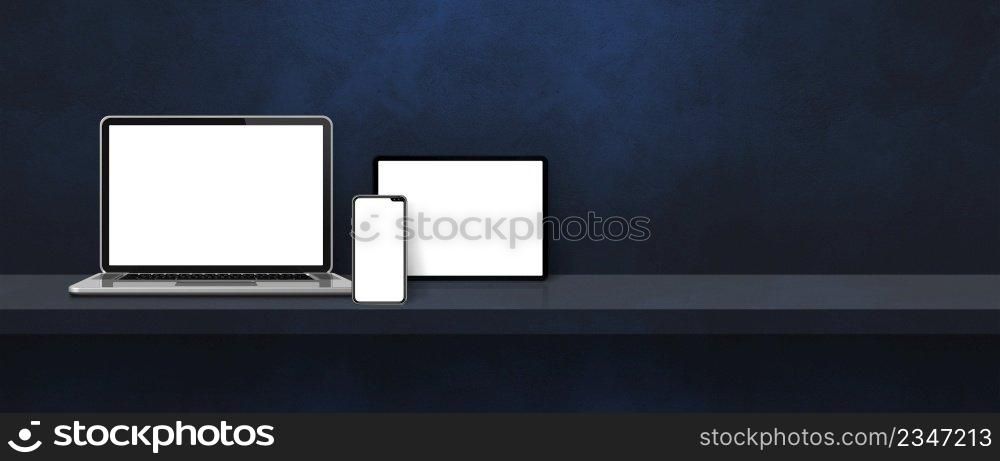 Laptop, mobile phone and digital tablet pc on black wall shelf. Banner background. 3D Illustration. Laptop, mobile phone and digital tablet pc on black wall shelf. Banner background