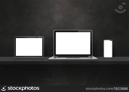 Laptop, mobile phone and digital tablet pc on black wall shelf. Horizontal background. 3D Illustration. Laptop, mobile phone and digital tablet pc on black wall shelf. Horizontal background