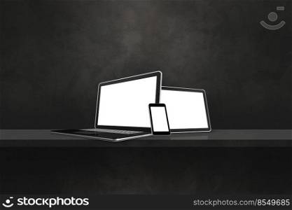 Laptop, mobile phone and digital tablet pc on black wall shelf. Horizontal background. 3D Illustration. Laptop, mobile phone and digital tablet pc on black wall shelf. Horizontal background