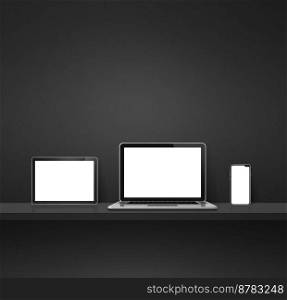Laptop, mobile phone and digital tablet pc on black wall shelf. Square background. 3D Illustration. Laptop, mobile phone and digital tablet pc on black wall shelf. Square background