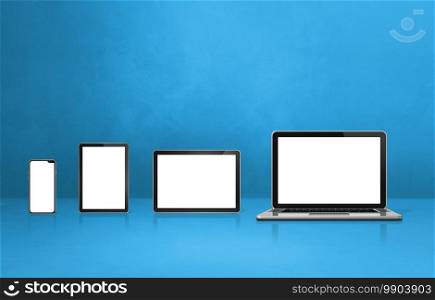 Laptop, mobile phone and digital tablet pc on blue office desk. 3D Illustration. Laptop, mobile phone and digital tablet pc on blue office desk