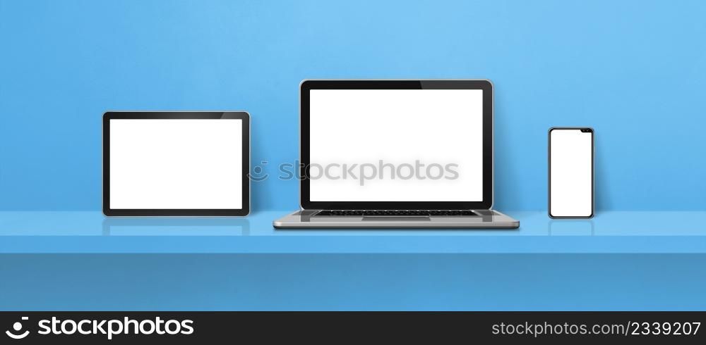 Laptop, mobile phone and digital tablet pc on blue wall shelf. Banner background. 3D Illustration. Laptop, mobile phone and digital tablet pc on blue wall shelf. Banner background