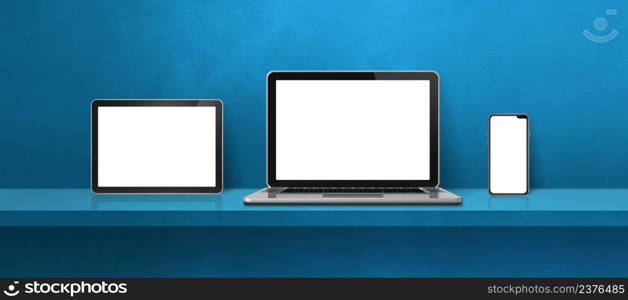 Laptop, mobile phone and digital tablet pc on blue wall shelf. Banner background. 3D Illustration. Laptop, mobile phone and digital tablet pc on blue wall shelf. Banner background