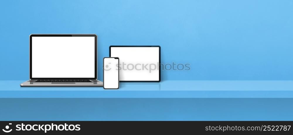 Laptop, mobile phone and digital tablet pc on blue wall shelf. Banner background. 3D Illustration. Laptop, mobile phone and digital tablet pc on blue wall shelf. Banner background