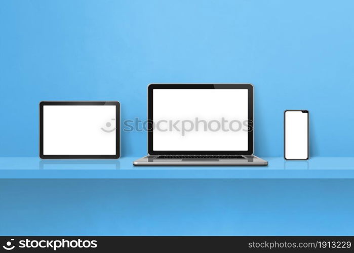 Laptop, mobile phone and digital tablet pc on blue wall shelf. Horizontal background. 3D Illustration. Laptop, mobile phone and digital tablet pc on blue wall shelf. Horizontal background