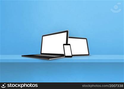 Laptop, mobile phone and digital tablet pc on blue wall shelf. Horizontal background. 3D Illustration. Laptop, mobile phone and digital tablet pc on blue wall shelf. Horizontal background