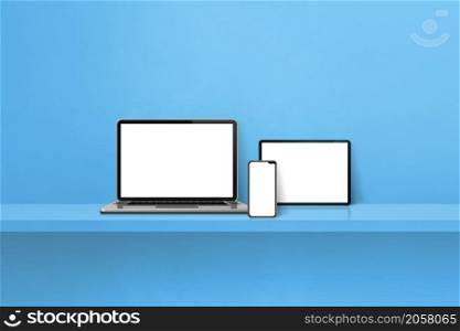 Laptop, mobile phone and digital tablet pc on blue wall shelf. Horizontal background. 3D Illustration. Laptop, mobile phone and digital tablet pc on blue wall shelf. Horizontal background