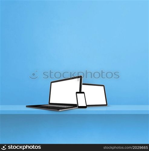Laptop, mobile phone and digital tablet pc on blue wall shelf. Square background. 3D Illustration. Laptop, mobile phone and digital tablet pc on blue wall shelf. Square background