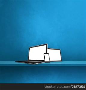 Laptop, mobile phone and digital tablet pc on blue wall shelf. Square background. 3D Illustration. Laptop, mobile phone and digital tablet pc on blue wall shelf. Square background
