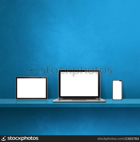 Laptop, mobile phone and digital tablet pc on blue wall shelf. Square background. 3D Illustration. Laptop, mobile phone and digital tablet pc on blue wall shelf. Square background