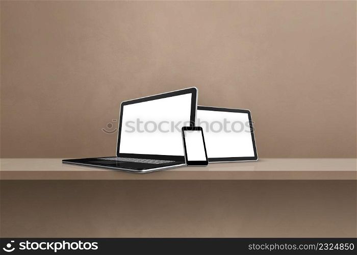 Laptop, mobile phone and digital tablet pc on brown wall shelf. Horizontal background. 3D Illustration. Laptop, mobile phone and digital tablet pc on brown wall shelf. Horizontal background