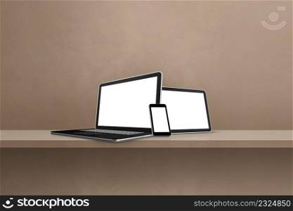 Laptop, mobile phone and digital tablet pc on brown wall shelf. Horizontal background. 3D Illustration. Laptop, mobile phone and digital tablet pc on brown wall shelf. Horizontal background