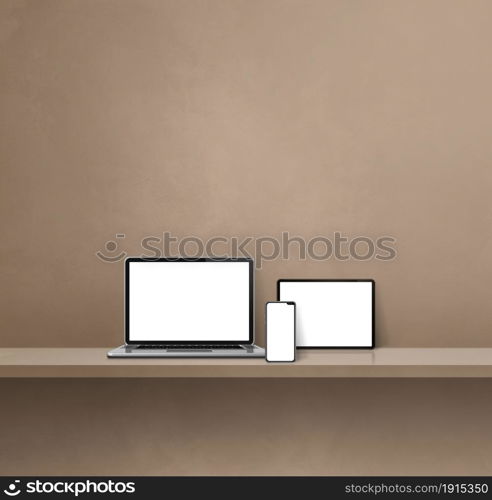 Laptop, mobile phone and digital tablet pc on brown wall shelf. Square background. 3D Illustration. Laptop, mobile phone and digital tablet pc on brown wall shelf. Square background