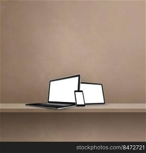Laptop, mobile phone and digital tablet pc on brown wall shelf. Square background. 3D Illustration. Laptop, mobile phone and digital tablet pc on brown wall shelf. Square background