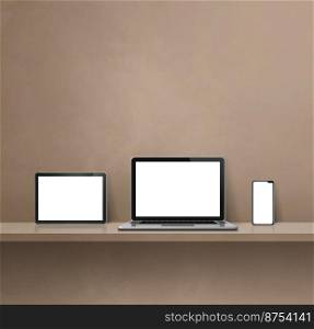 Laptop, mobile phone and digital tablet pc on brown wall shelf. Square background. 3D Illustration. Laptop, mobile phone and digital tablet pc on brown wall shelf. Square background