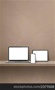 Laptop, mobile phone and digital tablet pc on brown wall shelf. Vertical background. 3D Illustration. Laptop, mobile phone and digital tablet pc on brown wall shelf. Vertical background