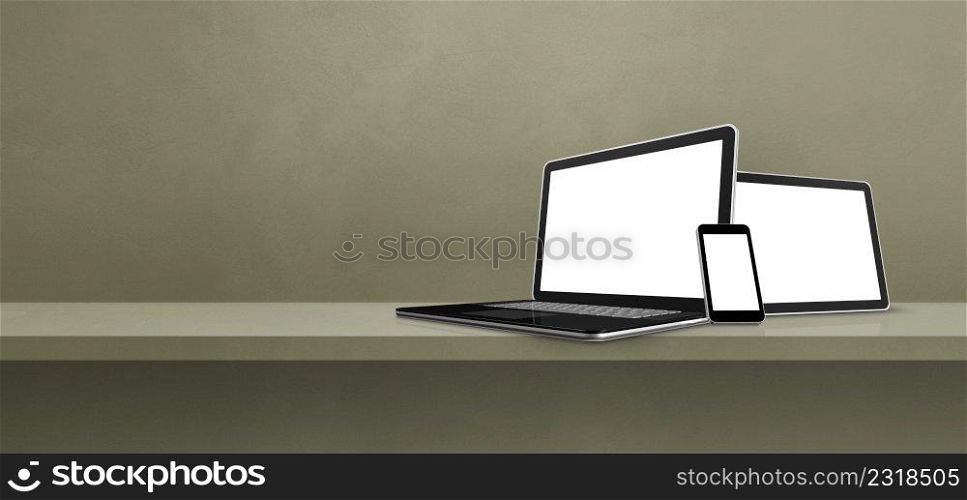 Laptop, mobile phone and digital tablet pc on green wall shelf. Banner background. 3D Illustration. Laptop, mobile phone and digital tablet pc on green wall shelf. Banner background