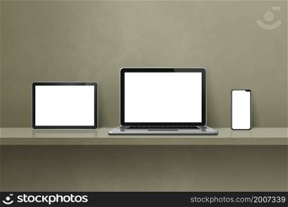 Laptop, mobile phone and digital tablet pc on green wall shelf. Horizontal background. 3D Illustration. Laptop, mobile phone and digital tablet pc on green wall shelf. Horizontal background