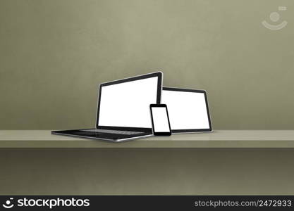 Laptop, mobile phone and digital tablet pc on green wall shelf. Horizontal background. 3D Illustration. Laptop, mobile phone and digital tablet pc on green wall shelf. Horizontal background