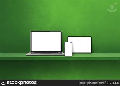 Laptop, mobile phone and digital tablet pc on green wall shelf. Horizontal background. 3D Illustration. Laptop, mobile phone and digital tablet pc on green wall shelf. Horizontal background