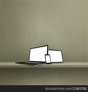 Laptop, mobile phone and digital tablet pc on green wall shelf. Square background. 3D Illustration. Laptop, mobile phone and digital tablet pc on green wall shelf. Square background