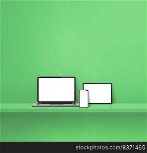 Laptop, mobile phone and digital tablet pc on green wall shelf. Square background. 3D Illustration. Laptop, mobile phone and digital tablet pc on green wall shelf. Square background