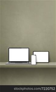 Laptop, mobile phone and digital tablet pc on green wall shelf. Vertical background. 3D Illustration. Laptop, mobile phone and digital tablet pc on green wall shelf. Vertical background