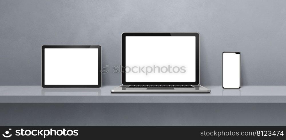 Laptop, mobile phone and digital tablet pc on grey wall shelf. Banner background. 3D Illustration. Laptop, mobile phone and digital tablet pc on grey wall shelf. Banner background