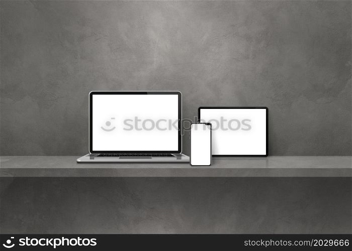 Laptop, mobile phone and digital tablet pc on grey wall shelf. Horizontal background. 3D Illustration. Laptop, mobile phone and digital tablet pc on grey wall shelf. Horizontal background