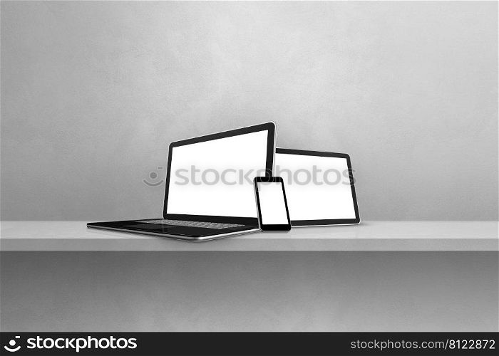 Laptop, mobile phone and digital tablet pc on grey wall shelf. Horizontal background. 3D Illustration. Laptop, mobile phone and digital tablet pc on grey wall shelf. Horizontal background