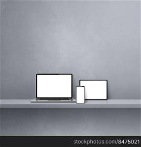 Laptop, mobile phone and digital tablet pc on grey wall shelf. Square background. 3D Illustration. Laptop, mobile phone and digital tablet pc on grey wall shelf. Square background
