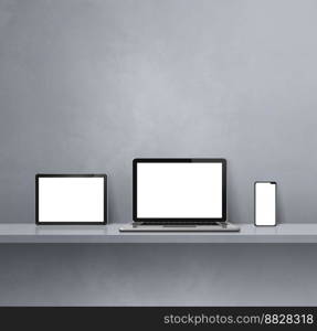 Laptop, mobile phone and digital tablet pc on grey wall shelf. Square background. 3D Illustration. Laptop, mobile phone and digital tablet pc on grey wall shelf. Square background
