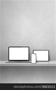 Laptop, mobile phone and digital tablet pc on grey wall shelf. Vertical background. 3D Illustration. Laptop, mobile phone and digital tablet pc on grey wall shelf. Vertical background