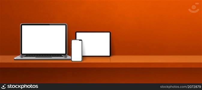 Laptop, mobile phone and digital tablet pc on orange wall shelf. Banner background. 3D Illustration. Laptop, mobile phone and digital tablet pc on orange wall shelf. Banner background
