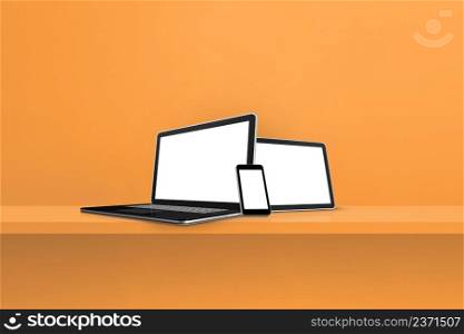 Laptop, mobile phone and digital tablet pc on orange wall shelf. Horizontal background. 3D Illustration. Laptop, mobile phone and digital tablet pc on orange wall shelf. Horizontal background