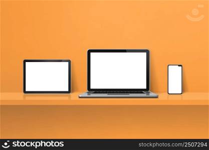 Laptop, mobile phone and digital tablet pc on orange wall shelf. Horizontal background. 3D Illustration. Laptop, mobile phone and digital tablet pc on orange wall shelf. Horizontal background