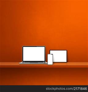 Laptop, mobile phone and digital tablet pc on orange wall shelf. Square background. 3D Illustration. Laptop, mobile phone and digital tablet pc on orange wall shelf. Square background