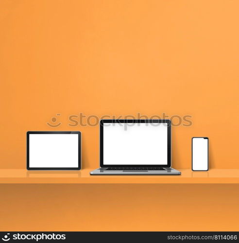 Laptop, mobile phone and digital tablet pc on orange wall shelf. Square background. 3D Illustration. Laptop, mobile phone and digital tablet pc on orange wall shelf. Square background