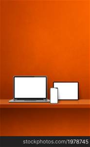 Laptop, mobile phone and digital tablet pc on orange wall shelf. Vertical background. 3D Illustration. Laptop, mobile phone and digital tablet pc on orange wall shelf. Vertical background