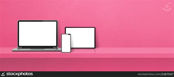 Laptop, mobile phone and digital tablet pc on pink wall shelf. Banner background. 3D Illustration. Laptop, mobile phone and digital tablet pc on pink wall shelf. Banner background