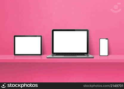 Laptop, mobile phone and digital tablet pc on pink wall shelf. Horizontal background. 3D Illustration. Laptop, mobile phone and digital tablet pc on pink wall shelf. Horizontal background