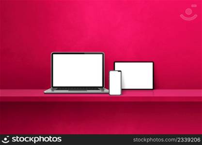 Laptop, mobile phone and digital tablet pc on pink wall shelf. Horizontal background. 3D Illustration. Laptop, mobile phone and digital tablet pc on pink wall shelf. Horizontal background