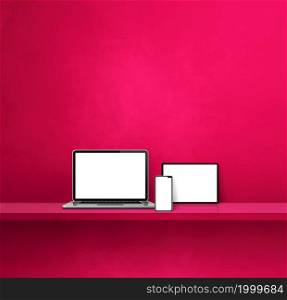 Laptop, mobile phone and digital tablet pc on pink wall shelf. Square background. 3D Illustration. Laptop, mobile phone and digital tablet pc on pink wall shelf. Square background