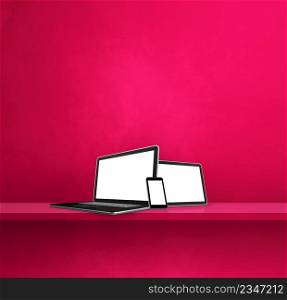 Laptop, mobile phone and digital tablet pc on pink wall shelf. Square background. 3D Illustration. Laptop, mobile phone and digital tablet pc on pink wall shelf. Square background