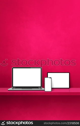 Laptop, mobile phone and digital tablet pc on pink wall shelf. Vertical background. 3D Illustration. Laptop, mobile phone and digital tablet pc on pink wall shelf. Vertical background