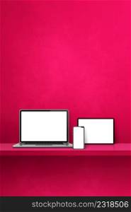 Laptop, mobile phone and digital tablet pc on pink wall shelf. Vertical background. 3D Illustration. Laptop, mobile phone and digital tablet pc on pink wall shelf. Vertical background